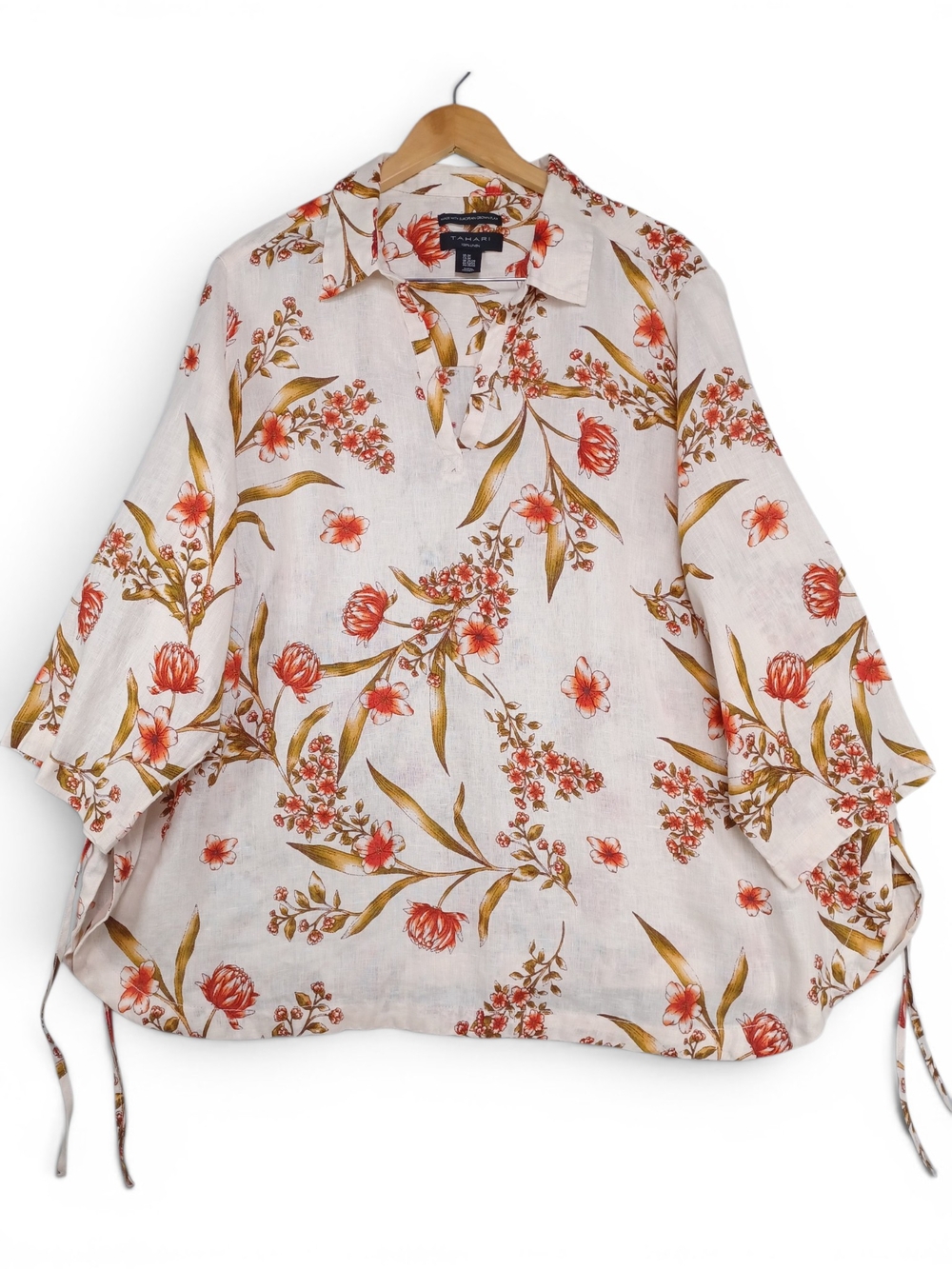 NWOT Tahari Women’s 100% Linen Floral 3/4 Sleeve Tunic 3X Boho Cottagecore Top